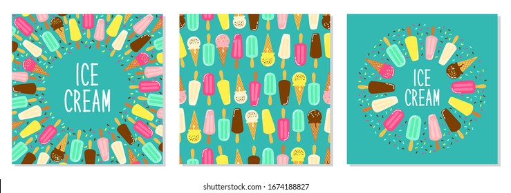 Cute set of Ice Cream collection backgrounds in vivid tasty colors for your decoration, ideal for banners, package etc