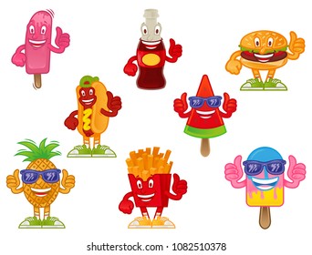 Cute set icon with cartoon characters street fast food different shape color and taste for menu street food business or cafe bar Also for sticker patch print poster Modern illustration flat design