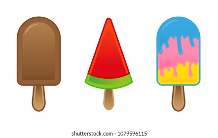 Cute set icon with different kinds sweet ice cream with different shape color and taste for menu street food business or cafe bar Also for sticker patch print poster Modern illustration flat design