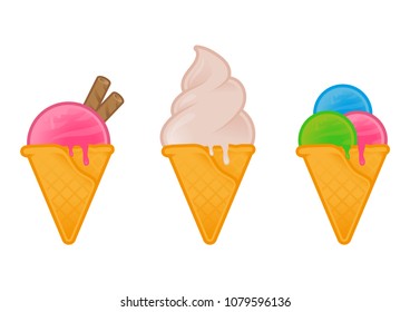 Cute set icon with different kinds sweet ice cream with different shape color and taste for menu street food business or cafe bar Also for sticker patch print poster Modern illustration flat design