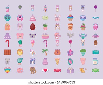 cute set icons style kawaii