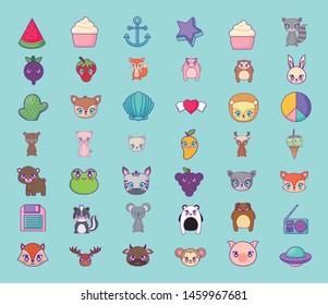 cute set icons style kawaii
