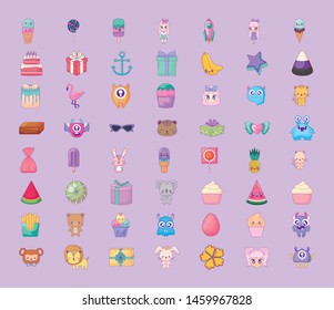 cute set icons style kawaii