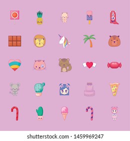 cute set icons style kawaii