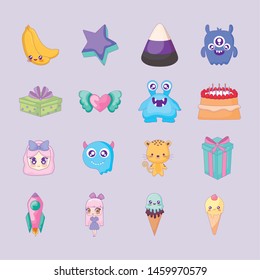 cute set icons style kawaii