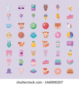 cute set icons style kawaii