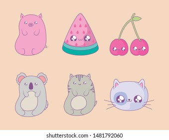 cute set icons style kawaii