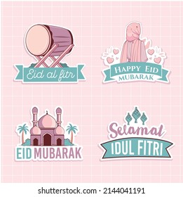 Cute Set Of Idul Fitri Eid Mubarak Badges Emblem Sticker 