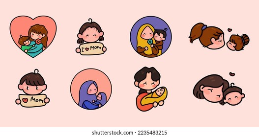 Cute Set illustration Mother's days. mom and son character. Cute illustration mother holding baby. illustration mother who loves children