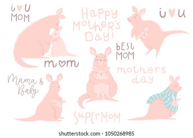 Cute set with illustrations of adorable kangaroo mother and her baby, lettering on white background. Perfect for Mother's day greeting cards, baby shower invitations, nursery decoration collections