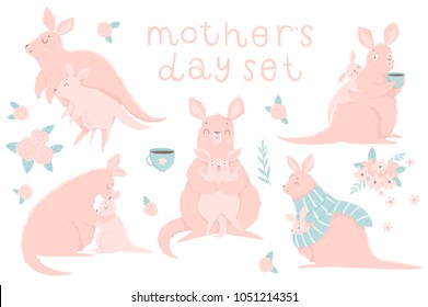 Cute set with illustrations of adorable kangaroo mother and her baby, lettering on white background. Perfect for Mother's day greeting cards, baby shower invitations, nursery decoration collections