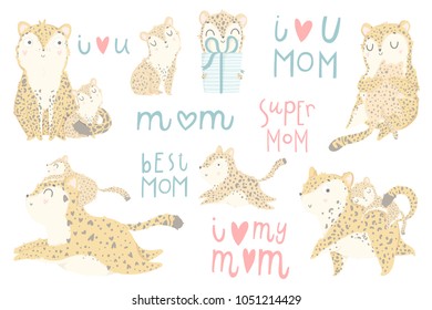 Cute set of illustrations with adorable leopard mother and her baby, lettering on white background. Perfect for Mother's day greeting cards, baby shower invitations, nursery decoration collections