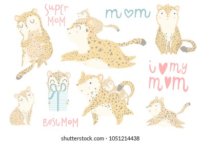 Cute set of illustrations with adorable leopard mother and her baby, lettering on white background. Perfect for Mother's day greeting cards, baby shower invitations, nursery decoration collections