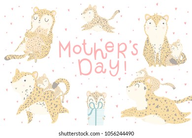 Cute set of illustrations with adorable leopard mother and her baby, lettering on white background. Perfect for Mother's day greeting cards, baby shower invitations, nursery decoration collections