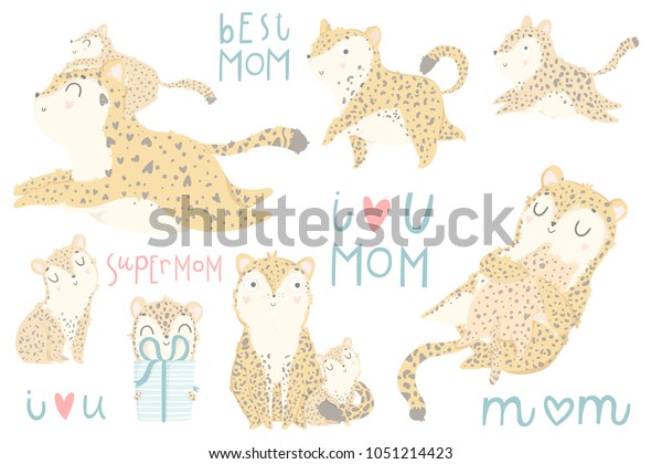 Cute Set Illustrations Adorable Leopard Mother Stock Vector