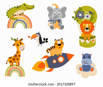 Cute set of illustrations of animals for nursery, characters for children. White background, isolate. Vector illustration.