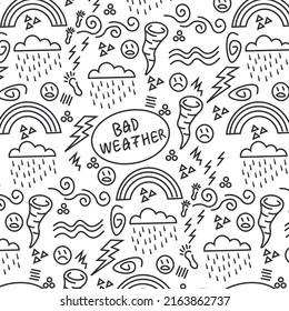 Cute Reihe von Illustrationen mit Wolken, traurigen Emoticons, Regen, Hurrikan, Blitz, Regenbogen. Einschreibung schlechtes Wetter. Kindernahtloses Muster für Wallpaper, Poster, Banner.