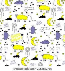 Cute set of illustrations with sheep, pillows, dreamcatcher, moon, and stars. Inscription good night, deep sleep. Childish seamless pattern for wallpapers, posters, banners.