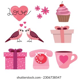 Cute Set von Illustrationen für St. Valentine. Flacher Stil. Weißer Hintergrund, einzeln.