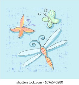 Cute Set of insects like dragonfly, butterfly sketch style vector illustration childish style art.