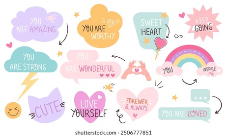 Cute set of inspirational speech bubbles with compliments, quotes about self love and love for others. Vector typography for cards, posters, t-shirt, stickers