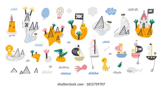 Cute set of islands, pirate ships and sea creatures.  Hand drawn vector doodle set for kids. Design for poster, card, bag and t-shirt.