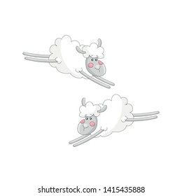 Cute set of isolated flying sheep. Sticker, patch, badge, pin or tattoo. White background. Cartoon style illustration. Vector.