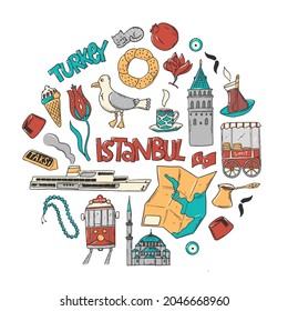 cute set of Istanbul and Turkey doodles isolated on white background. Good for stickers, prints, cards, posters, icons, etc. ES 10