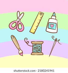 Cute set of items for crafts and sewing. Embroidery. Needle and thread. buttons. Scissors and glue ruler. Line spool.