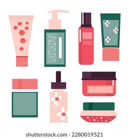 un bonito conjunto de jarras de cosméticos. cuidado de la piel. ilustración de cosméticos .vector