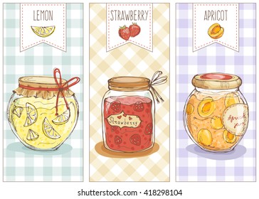 Cute set of jars with lemon, strawberry, apricot jam; hand drawn illustration in sketch style with homemade desserts and labels; banners for home bakery; poster, postcard design