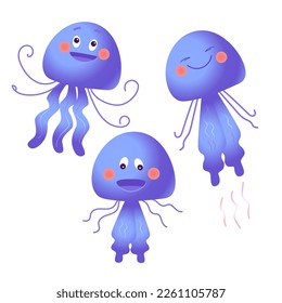 Cute set jellyfishes in cartoon style. Vector illustration for design. Isolated sea animal icon on white background. 