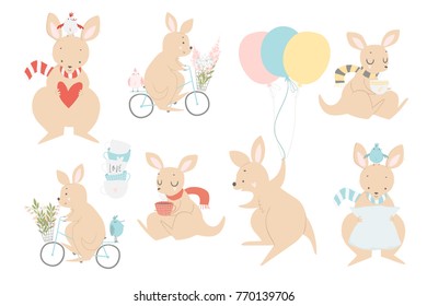 Cute set with kangaroo baby character design, flowers and leaves, bird friend. Hand drawn vector collection for Children cards, invitations, posters, room decor, in gentle colors 