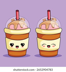 Cute set of kawaii coffee cup characters. Smiling drink with whipped cream and straw on pastel background.