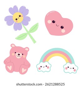 Cute set of kawaii elements. Teddy bear, rainbow, flower and heart.