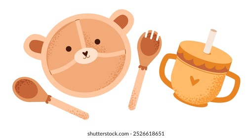 A cute set of kids dishes with a teddy bear plate and a sippy cup. Flat illustration.