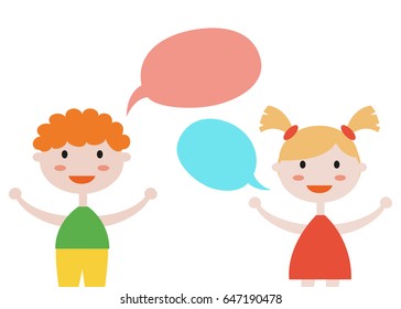 Cute set of kids with speech bubbles on white background. Vector illustration.  