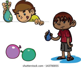 A Cute Set Of Kids With Water Balloons - Vector Clip Art Illustration On White