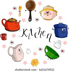 Cute set of kitchen utensils in a circle with lettering, cartoon hand drawn vector illustration. Can be used for t-shirt print, kids wear fashion design, baby shower invitation card