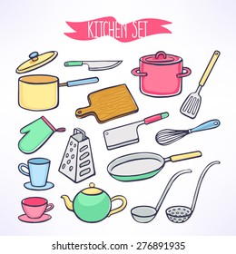 cute set with kitchen utensils. pans, knives, ladle. hand-drawn illustration