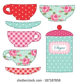 Cute Set  Of Kitchenware For Tea Party Decoration As Retro Applique In Shabby Chic Style