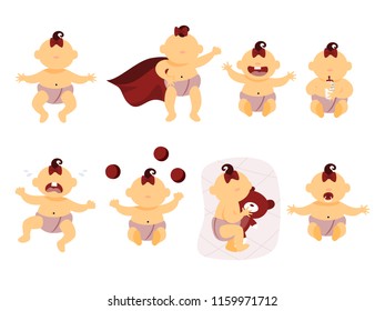 Cute set with little baby girl with different emotions and poses. Kid with milk and toy. Child crying, smiling and sleeping. Isolated vector flat illustration