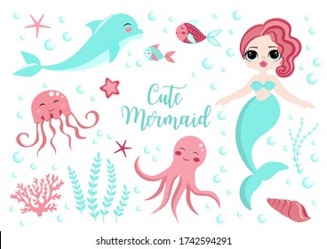 Cute set little mermaid princess and dolphin, octopus, fish, jellyfish, coral. underwater world collection