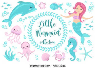 Cute set Little mermaid and underwater world. Fairytale princess mermaid and dolphin, octopus, seahorse, fish, jellyfish. Under water in the sea mythical marine collection.