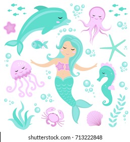 Cute set Little mermaid and underwater world. Fairytale princess mermaid and dolphin, octopus, seahorse, fish, jellyfish. Under water in the sea mythical marine collection