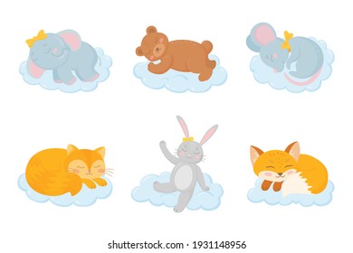 Cute set with little sleeping animals resting on clouds. Cartoon characters for kids design, fabric, wrapping, textile, print, postcard. Sweet dreams. Good night. Vector illustration isolated on a