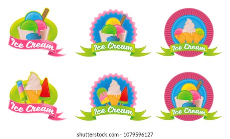 Cute set logos with different kinds sweet ice cream with different shape color and taste for street food business or cafe bar sticker, poster print patch. Modern vector style illustration flat design.