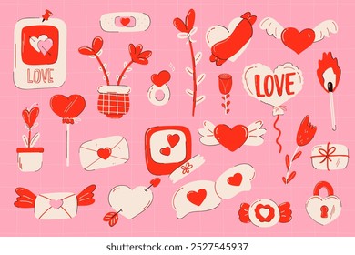 Cute set of love doodles in red and pink tones. Hearts, wings, gift boxes, speech bubble, photo frame, mail, match, ring, band aid and ribbons. Perfect for greeting cards, social media, Valentine's Da