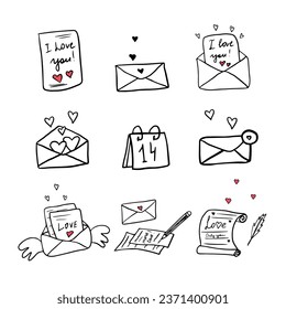 Cute set of love letters with hearts, envelopes with heart icons in doodle style . Great for valentine's day cards, greeting card, posters, wrapping and design