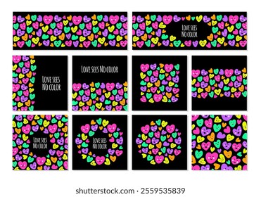 Cute set of Love sees no color backgrounds with cartoon characters of hearts 